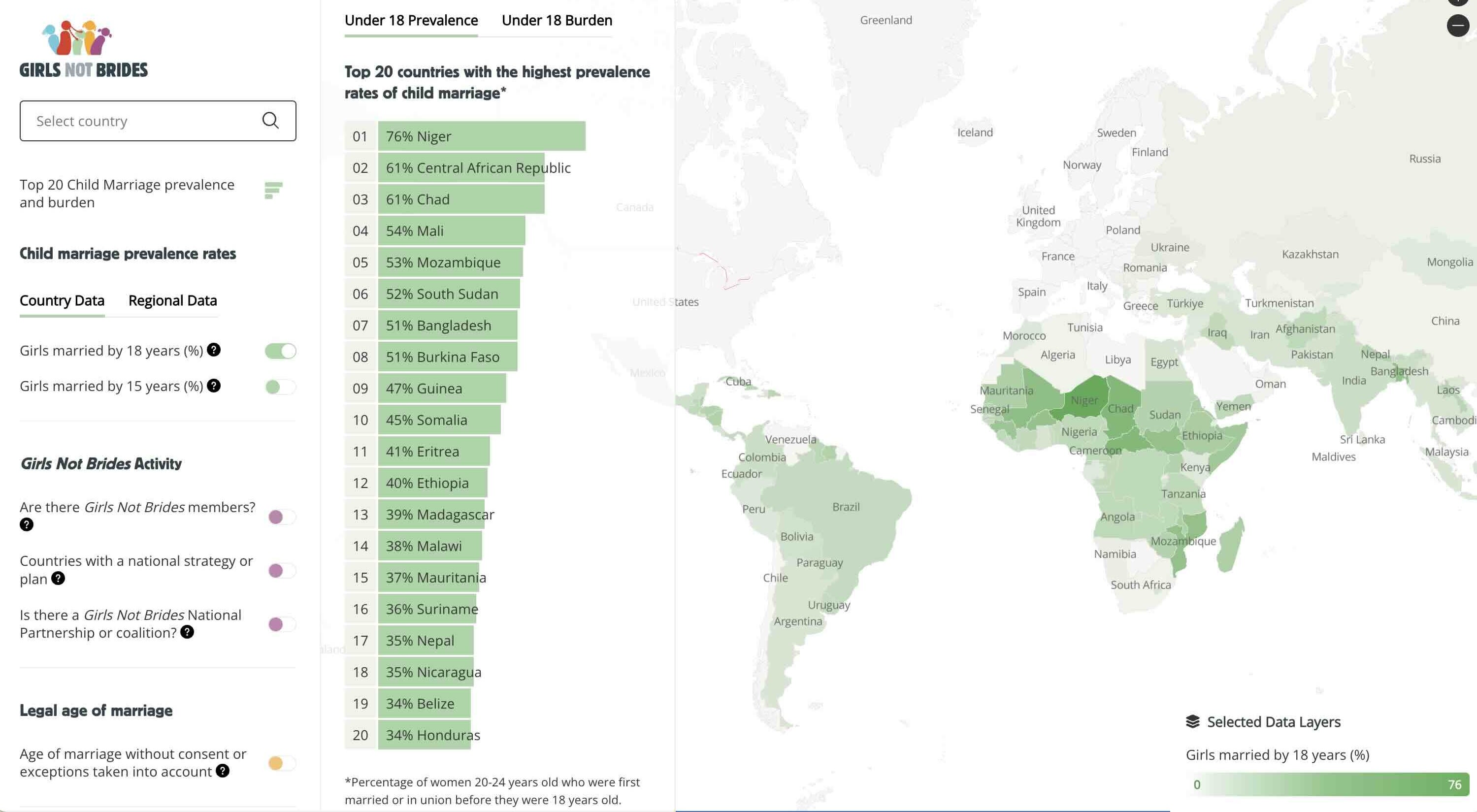 Screenshot of the Child Marriage Atlas on the Girls Not Brides website